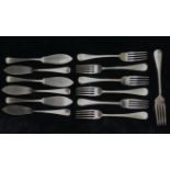 Six silver fish knives and seven accompanying forks, London 1932, combined weight 20.