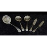 Five items of Old English pattern silver cutlery comprised of a sauce ladle Birmingham 1954,