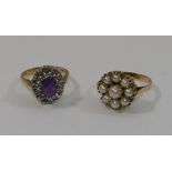 Two 9 carat gold gem set rings, set with half cultured pearls and amethyst and diamond,