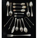 A collection of 19th century and later silver tea and coffee spoons, sugar tongs,