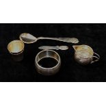 Five small Continental silver items comprised of a miniature beer jug, a napkin ring,