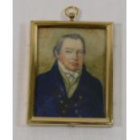 A 19th century rectangular miniature on ivory of a Regency gentleman, wearing a blue coat, 6.