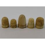 Five 19th century bone, mother of pearl and ivory thimbles, comprised of two child's ivory examples,