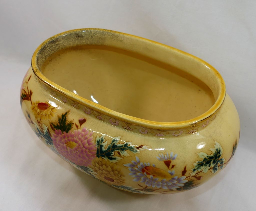 A Zsolnay oval jardinere, with yellow ground, hand painted in enamels with flowers, - Image 2 of 4