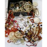 A quantity of Victorian and later jewellery and costume jewellery, including beads, earrings,