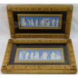 A pair of Wedgwood pale blue jasperware panels depicting classical maidens and cherubs, 7cm x 23cm,