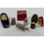 A Continental silver guilloche enamel thimble, a gold and tortoiseshell piquet thimble, with case,