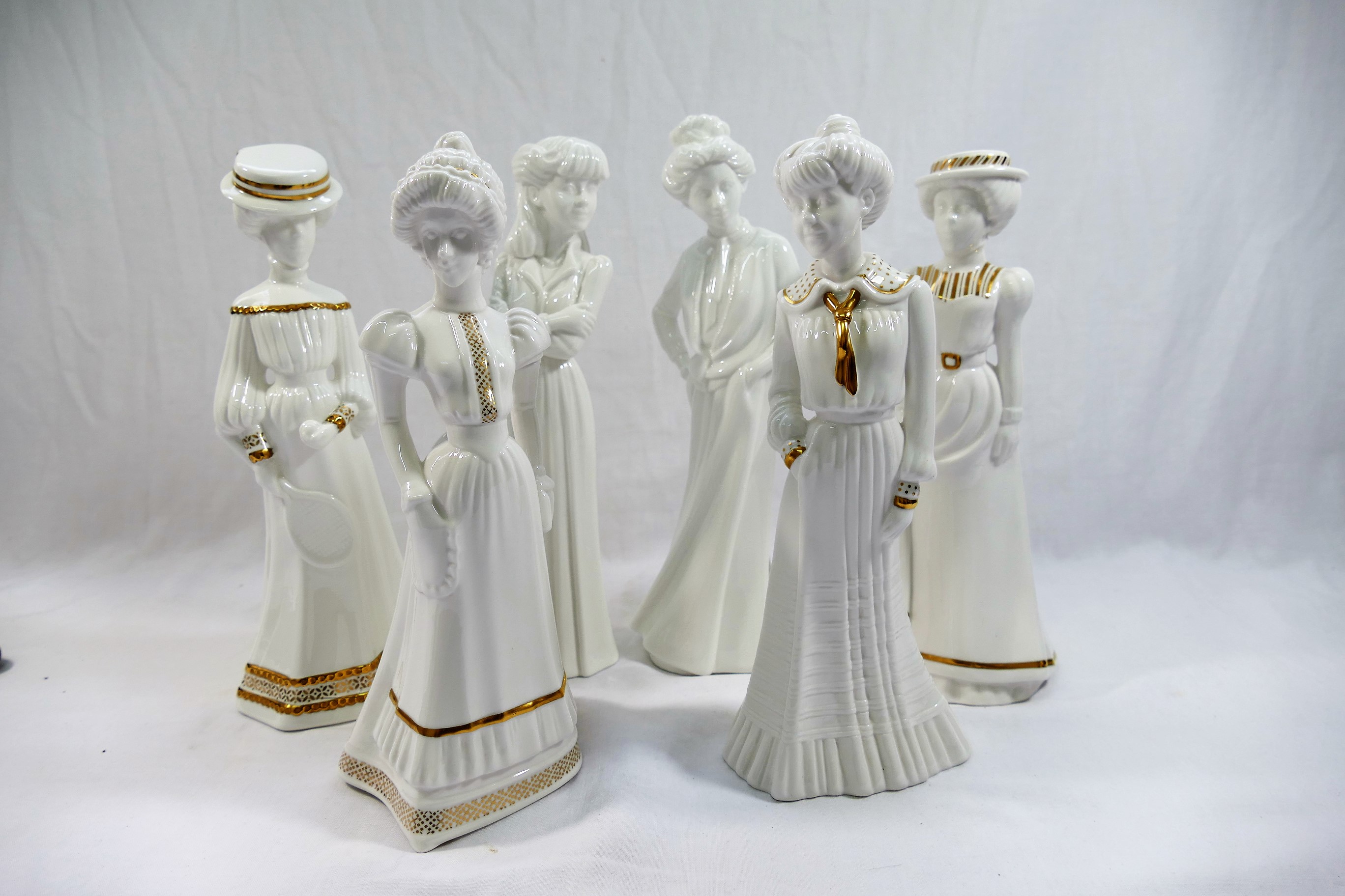 Five Spode bone china figurines by Pauline Shone entitled, 'Amanda', 'Sarah, 'Emily',