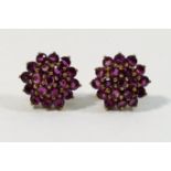 A pair of garnet cluster earrings, the butterfly backs stamped 9K', 13mm diameter,