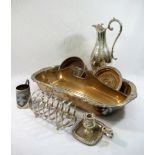 A silver plated claret jug, 34cm high, a silver plated cutlery tray, 47.