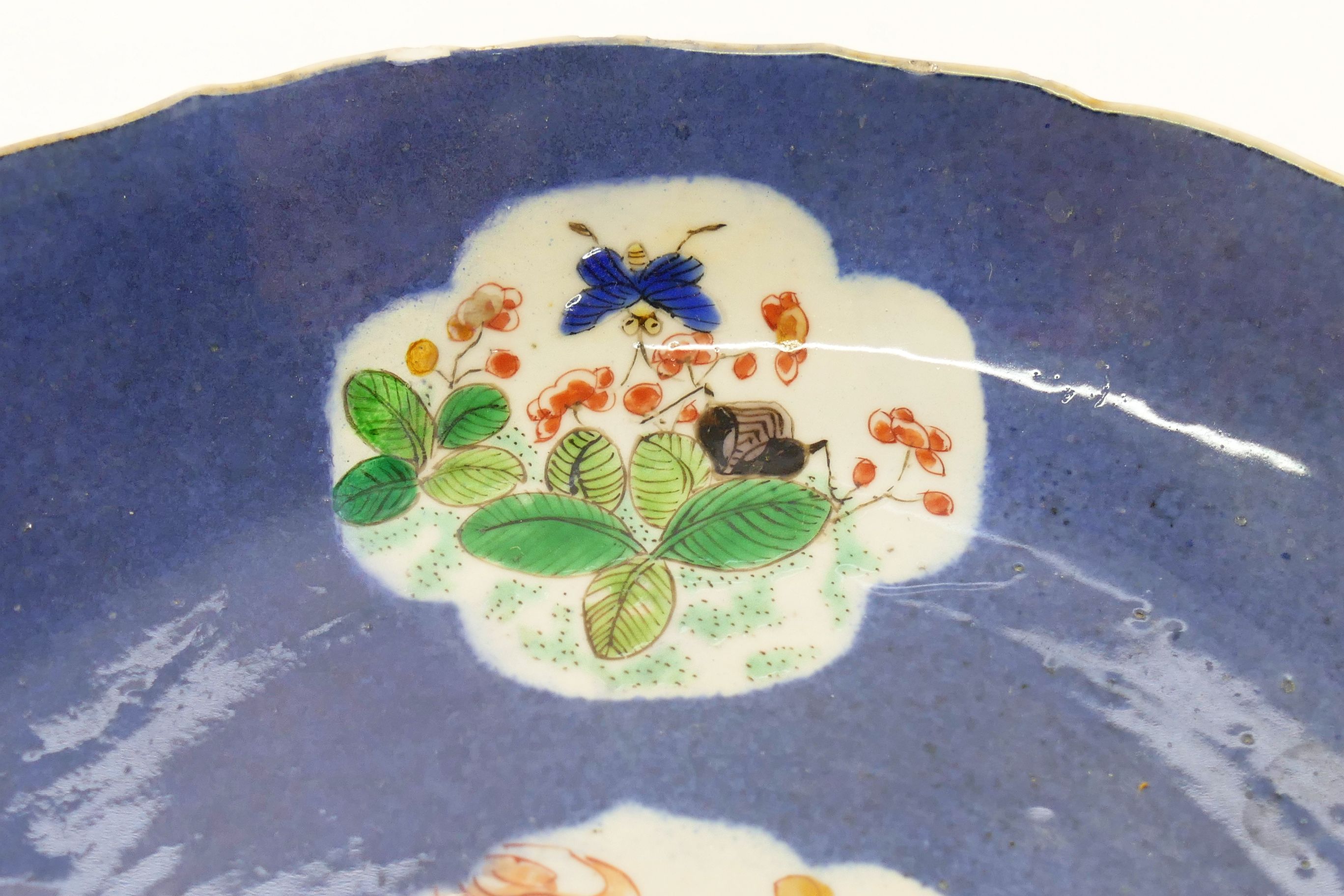 A Chinese famille vert blue ground dish, the centre panel decorated with shellfish, - Image 4 of 13