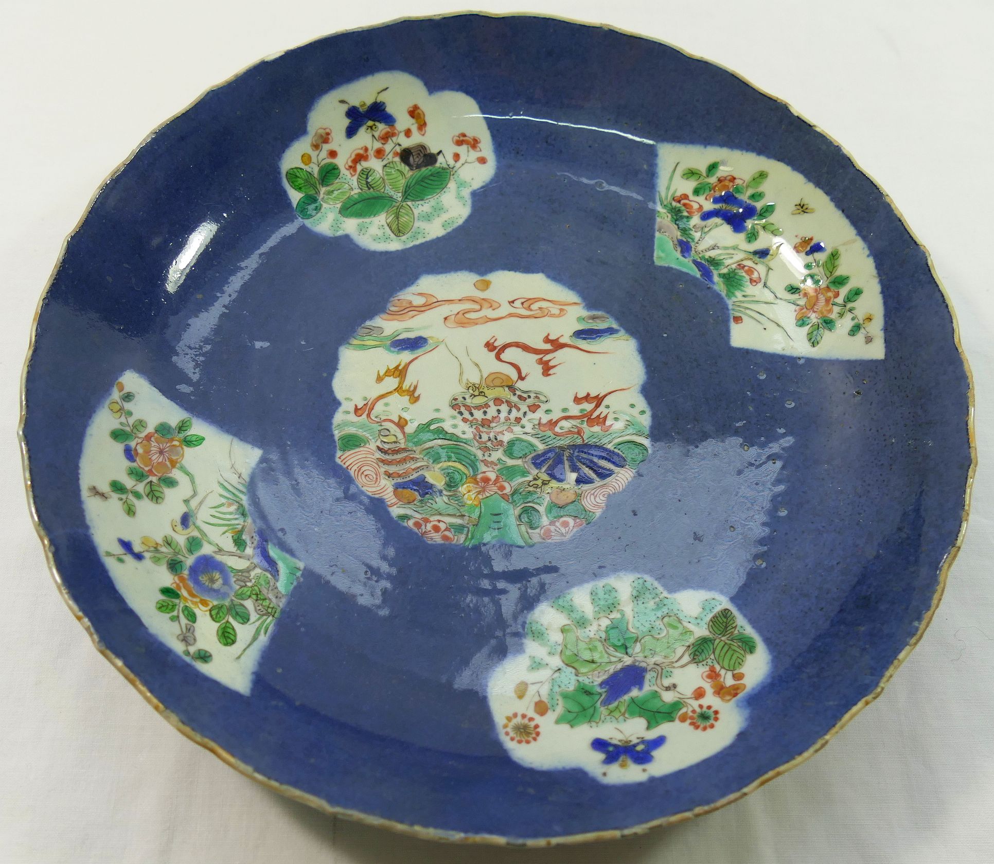 A Chinese famille vert blue ground dish, the centre panel decorated with shellfish, - Image 10 of 13