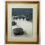 Louis William Wain (1860 - 1939) Moonlit view of Roman bridge over the river Tiber with St.