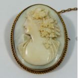 An oval shell cameo carved with the head of Bacchus, housed in yellow metal brooch mount, 4cm x 3.