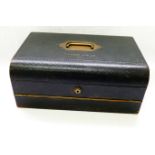 A Victorian black Morocco bound writing box, with brass mounts,