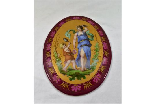 A pair of 19th century Sevres style oval porcelain plaques each hand painted with a classical - Image 2 of 3