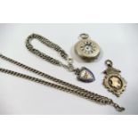 A small silver half-hunter pocket watch, Birmingham 1882, a silver watch chain and medal,