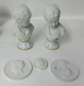 Pair of 20th Century German Weissbach white porcelain busts together with a pair of Meissen German