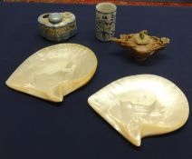 Two large Mother of Pearl side dishes, a Chinese soapstone carving and ink well (4).