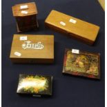 Five various boxes including lacquered Victorian novelty money box and stamp boxes.