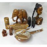 Collection of various carved African and other wood wares including large elephant (converted as a