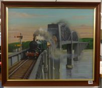 Mikerick, a signed oil on board Steam Engine passing over Brunel Railway Bridge, circa 1970's,