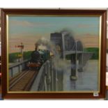 Mikerick, a signed oil on board Steam Engine passing over Brunel Railway Bridge, circa 1970's,