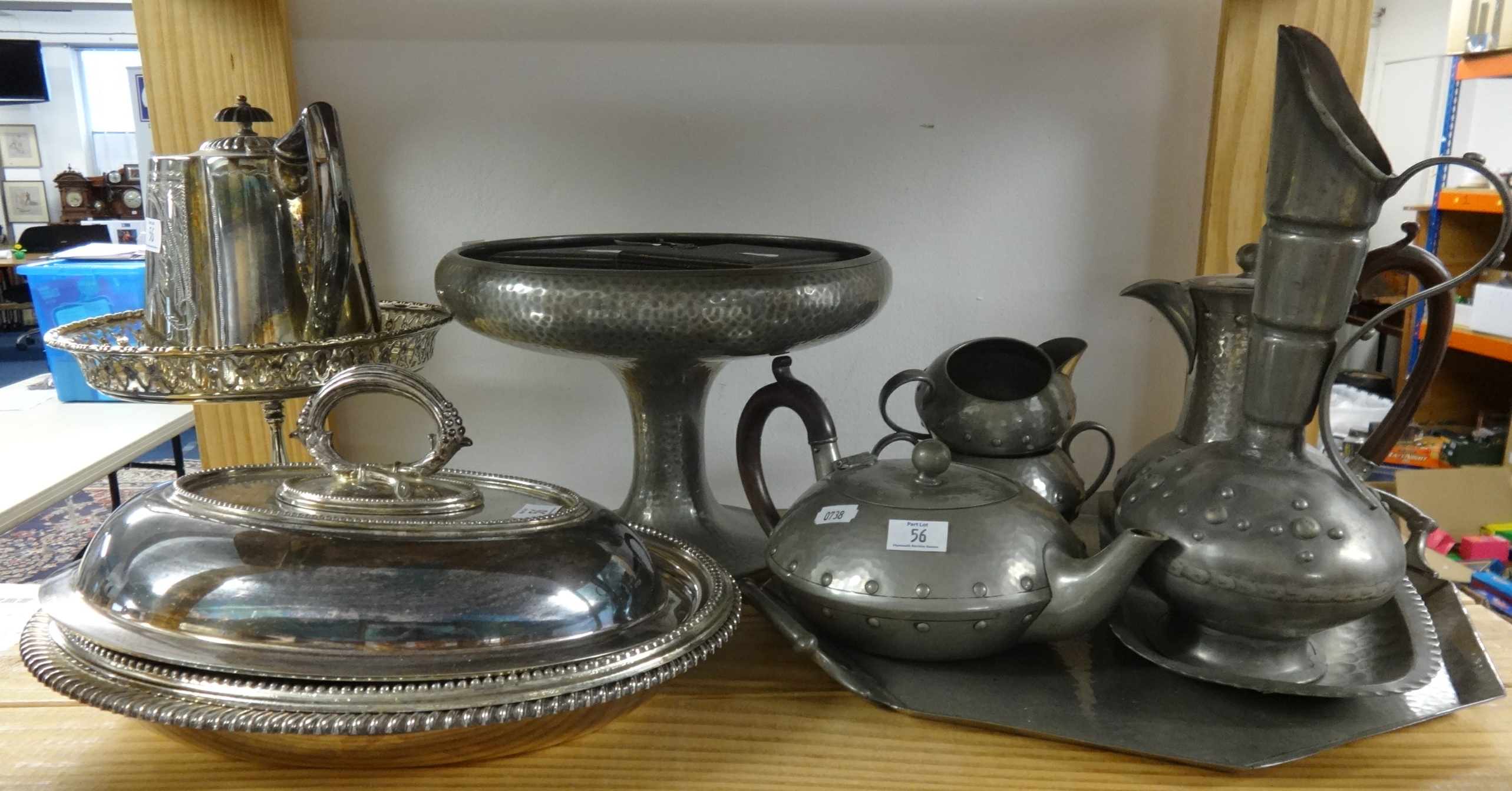 Collection of Arts and Crafts style pewter wares.