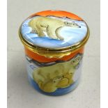 A Moorcroft enamel pill box and cover 2006 collectors club hand painted polar bears designed by