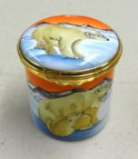 A Moorcroft enamel pill box and cover 2006 collectors club hand painted polar bears designed by