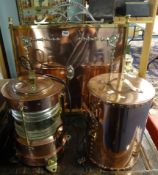Well polished copperwares including ships lamp, fire screen and urn (3).