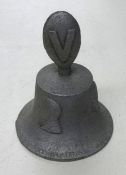 A WWII V for Victory cast metal bell decorated with the heads of Churchill, Eisenhower and Stalin.