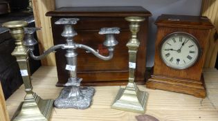 A Victorian oak cased mantle clock, a mahogany cased medicine cabinet, a pair of 19th century
