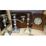 A Victorian oak cased mantle clock, a mahogany cased medicine cabinet, a pair of 19th century