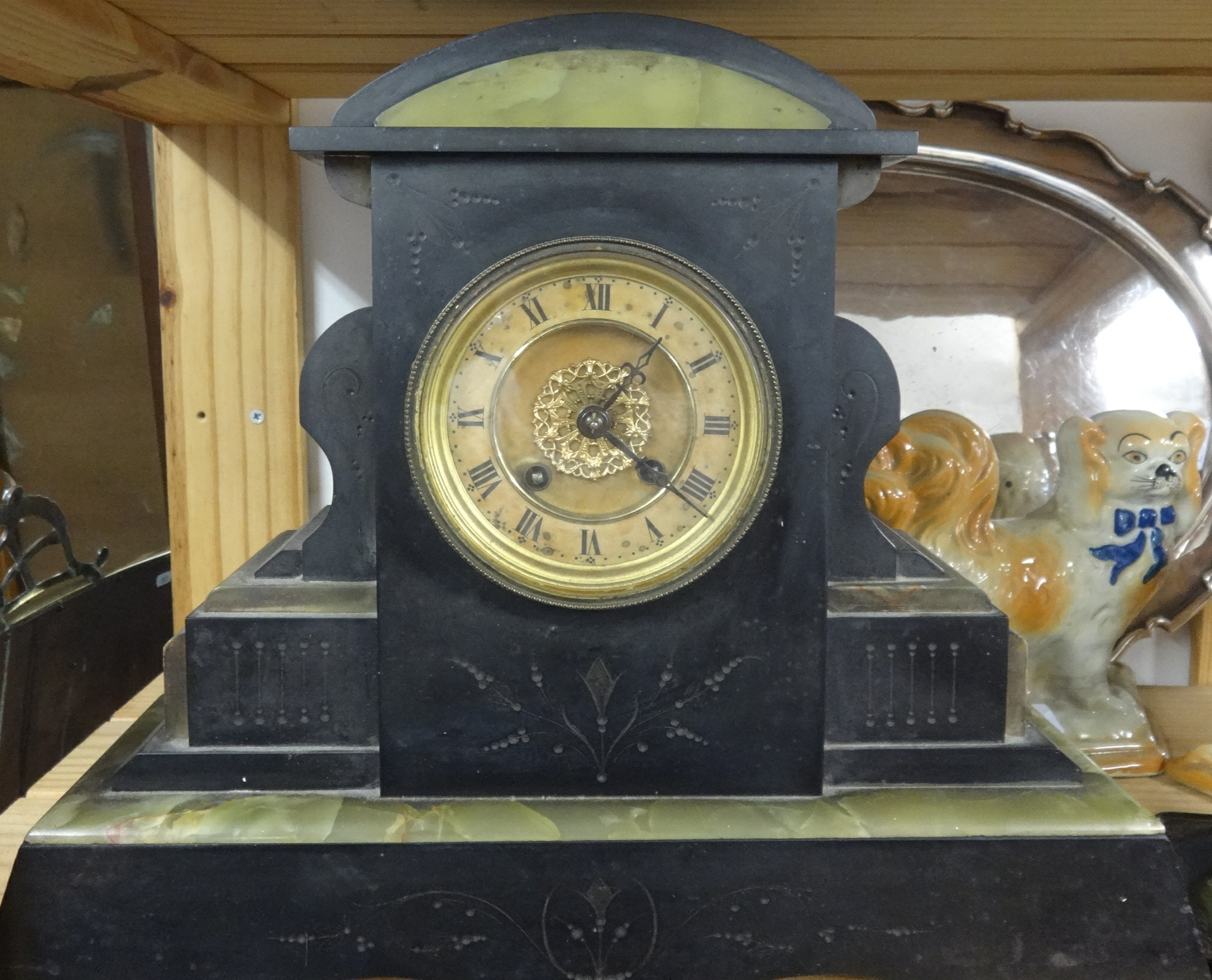 A large Victorian slate and green marble mantle clock with gilt dial and 8 day movement, height