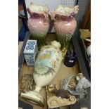 Assortment of objects including pottery vases, dolls heads, pair Victorian opaline glass vases,