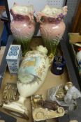 Assortment of objects including pottery vases, dolls heads, pair Victorian opaline glass vases,