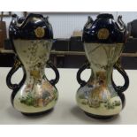 Pair of Japanese satsuma earthenware ware vases with twin handles, height 19cm (1AF).