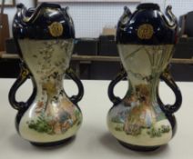 Pair of Japanese satsuma earthenware ware vases with twin handles, height 19cm (1AF).