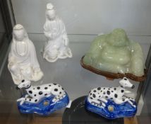 Modern Jade Buddha on carved wood stand, pair of Chinese porcelain white figures and a pair of