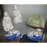 Modern Jade Buddha on carved wood stand, pair of Chinese porcelain white figures and a pair of