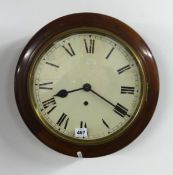 A 19th Century English school clock with circular dial with key and pendulum, 40cm diameter.