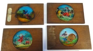 An interesting collection of Magic Lantern coloured slides in wood mounts, including nursery rhymes,