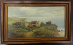 R.Jackson oil on board signed and dated 1913 'Cattle on Cliff' 16cm x 29cm.