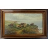 R.Jackson oil on board signed and dated 1913 'Cattle on Cliff' 16cm x 29cm.