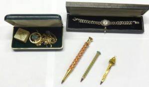Ladies cocktail watch, silver with Japanese movement, also various costume jewellery and ornate pens