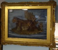 An antique stump work type embroidered picture of tiger in original gilt frame 46cm x 59cm.