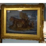 An antique stump work type embroidered picture of tiger in original gilt frame 46cm x 59cm.