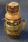 Copper and Brass ships lantern, height 50cm with handle up.