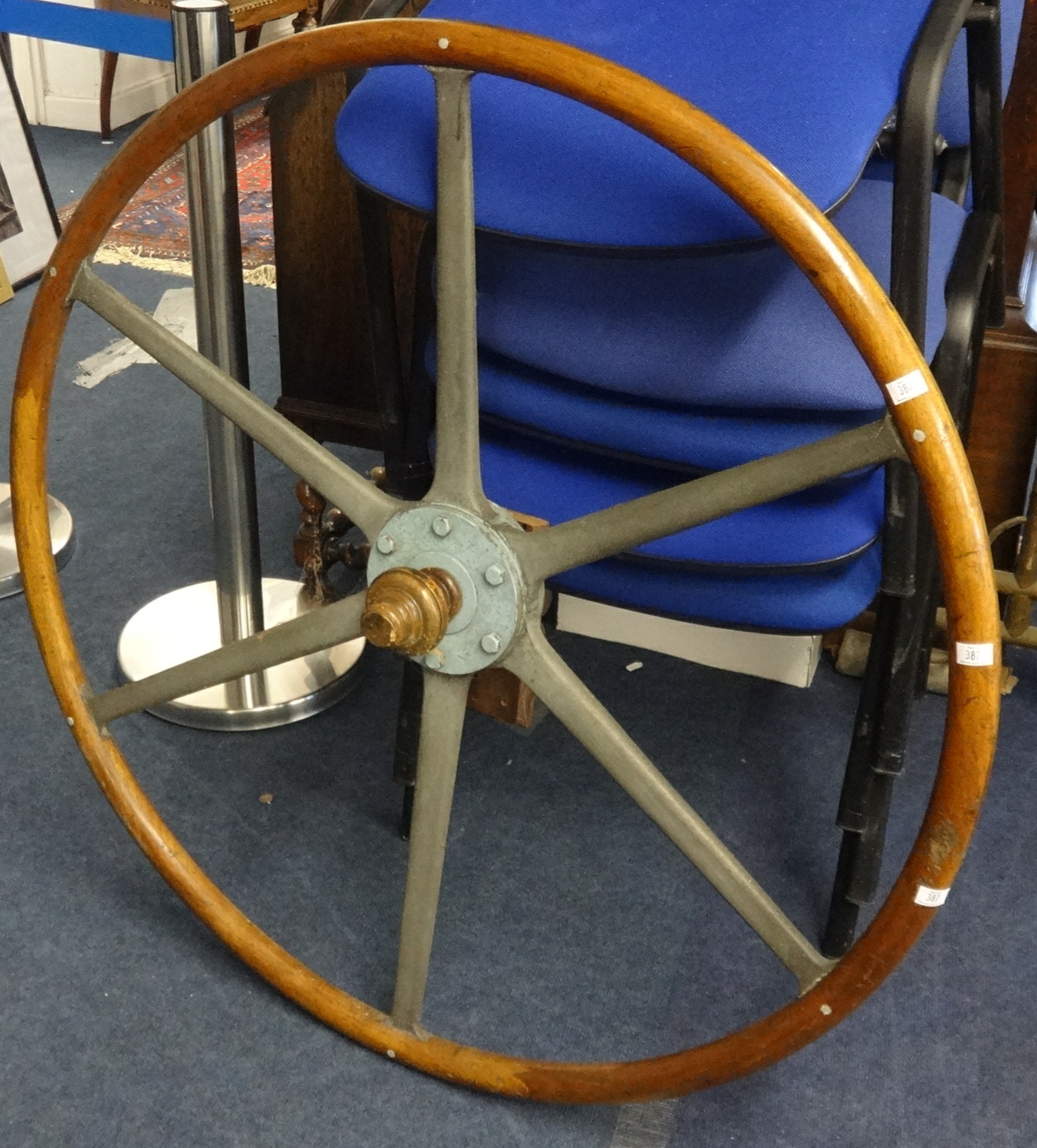 Copper double ships lantern, inscribed 'Tavernier Oostende', 63cm height also deck wheel - Image 2 of 2